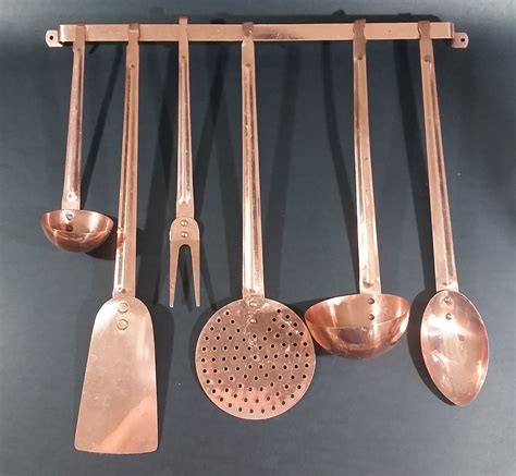 Vintage Copper Kitchen Utensil 7 Piece Set Including Wall Hanging Bar ...