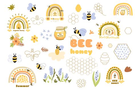 Bees set honey clipart. Hand drawn bee honey elements, one line drawing ...