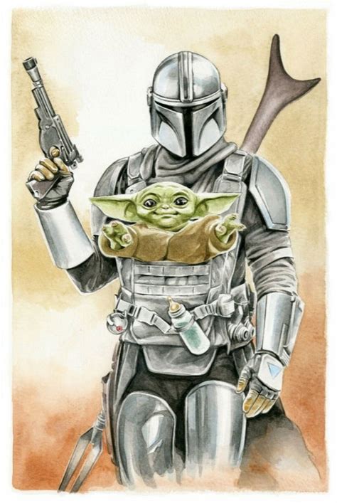 Mando and Baby Grogu - Mandalorian Star Wars original watercolor, in ...