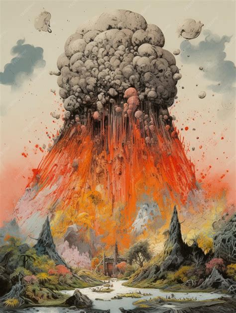 Premium AI Image | A painting of a volcano with a cloud of smoke and a house in the background.