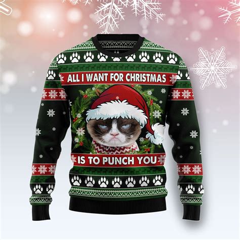 Grumpy Cat Punch You Christmas Wool Sweater - RobinPlaceFabrics