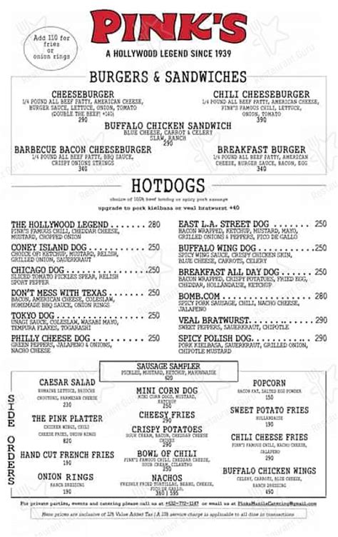 Menu at Pink's Hot Dogs BGC pub & bar, Taguig, Ground Floor