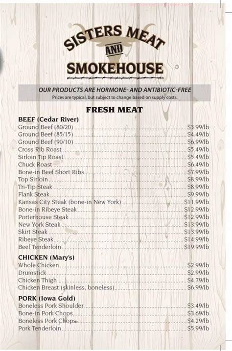 Menu at Sisters Meat and Smokehouse restaurant, Sisters