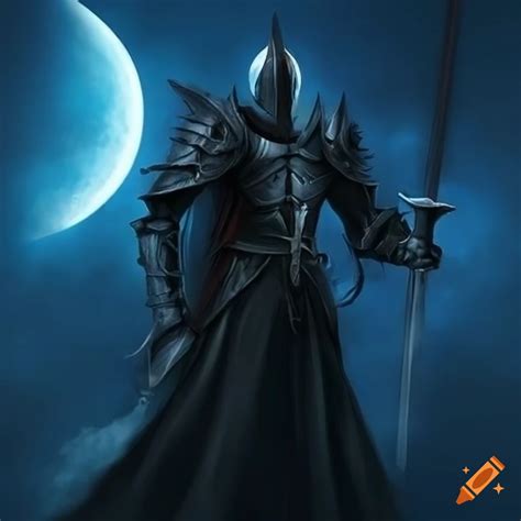 Black knight posing with sword under moonlit sky in dark fantasy art