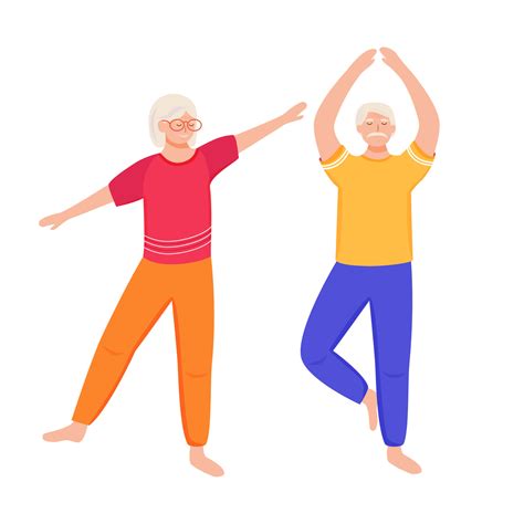 Retired people training flat vector illustration. Physical exercise. Healthy lifestyle. Old ...