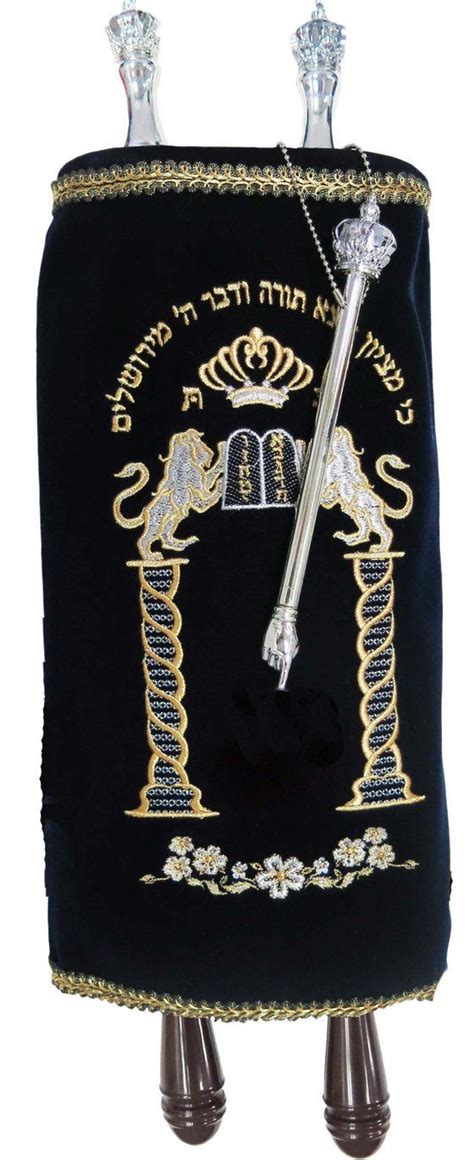 Sefer Torah Scroll With Navy Velvet Mantle On Torah Scroll - ahuva.com