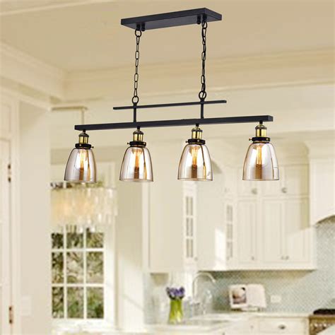 4-Light Antique Black Downlight Linear Kitchen Chandelier with Amber Glass – Edvivi Lighting