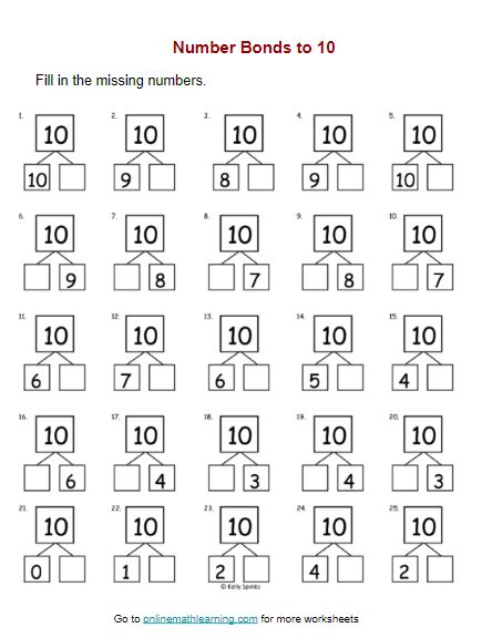 Number Bonds to 10 Worksheets (First Grade, printable)