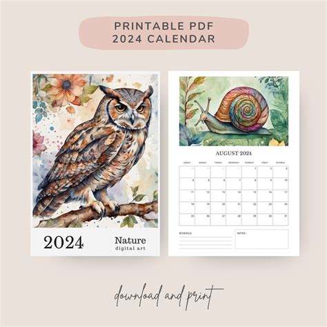 Nature Digital Art Printable 2024 Calendar PDF Vertical Wall - Etsy