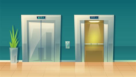 Free Vector | Cartoon illustration of empty hallway with elevators - closed doors and open.