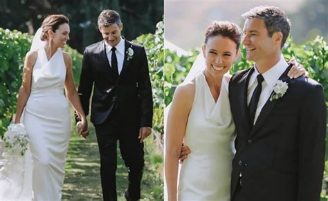 Jacinda Ardern marries longtime partner Clarke Gayford in a private ceremony wearing a ...