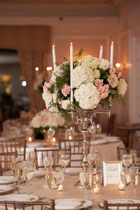 Romantic Gold Candelabra Centerpiece With Hydrangeas