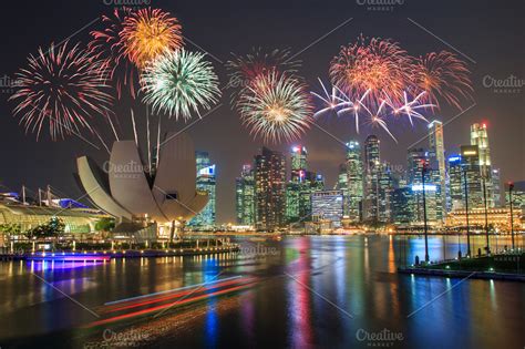 Singapore Marina bay and fireworks ~ Architecture Photos ~ Creative Market