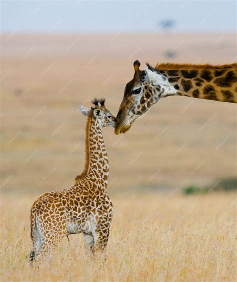 Premium Photo | Female giraffe with a baby in the savannah.