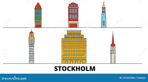 Sweden, Stockholm Flat Landmarks Vector Illustration. Sweden, Stockholm Line City with Famous ...
