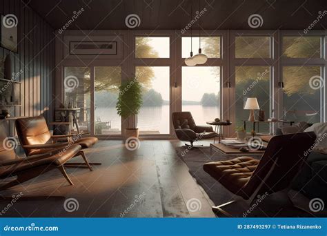 Modern lake house interior stock illustration. Illustration of view ...