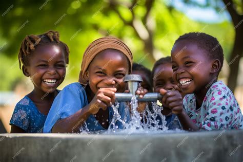 Premium Photo | A group of happy children drinking water from a tap in ...