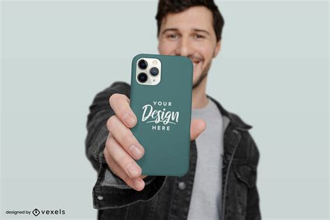 Man Smiling In Solid Background Phone Case Mockup PSD Editable Template