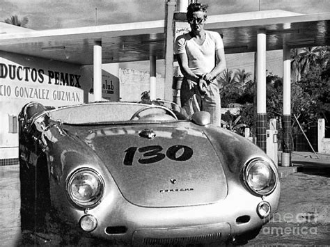 James Dean filling his Porsche 550 Spyder, in a Gas Station in Mexico. Photograph by Doc Braham ...