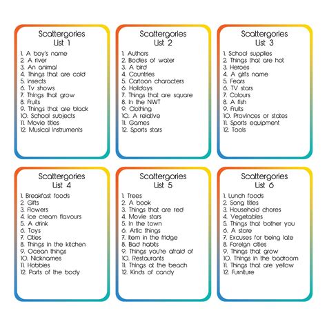 Printable scattergories categories - guluinformation