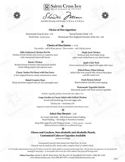 Menu at Salem Cross Inn restaurant, West Brookfield