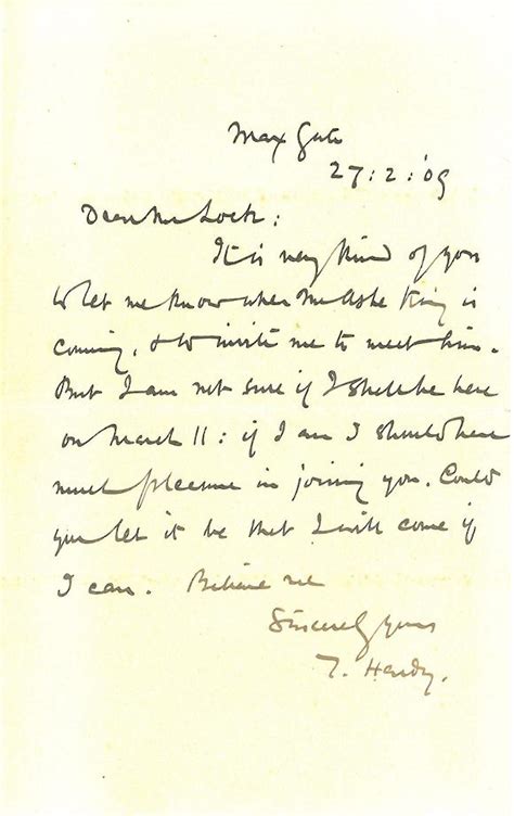 Bonhams : HARDY, THOMAS. 1840-1928. Autograph Letter Signed (T. Hardy.),