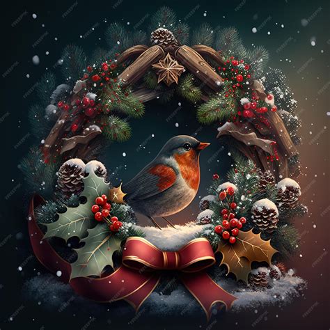 Premium AI Image | A christmas wreath with a bird and berries on it