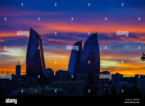 Azerbaijan, Baku. Night view of Baku and Flame Towers Stock Photo - Alamy