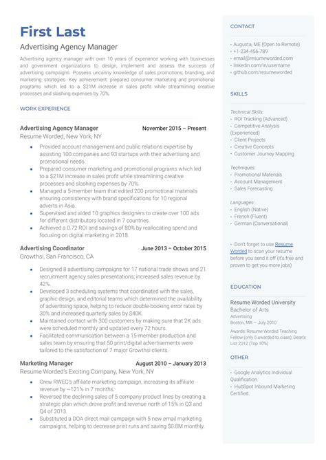 Advertising Agency Manager CV Example for 2023 | Resume Worded