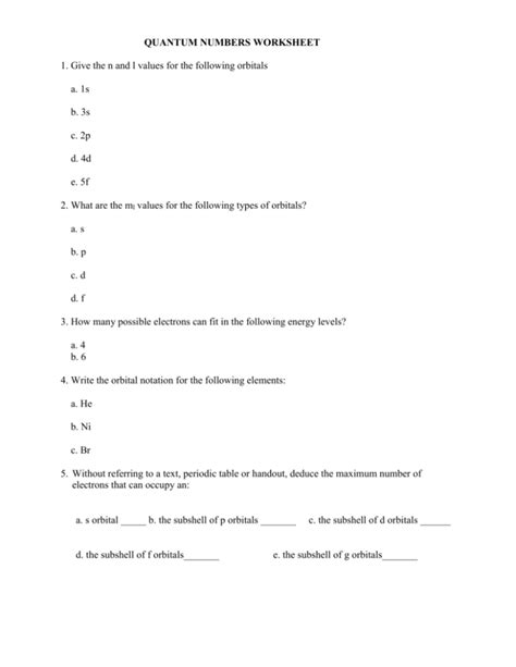 QUANTUM NUMBERS WORKSHEET