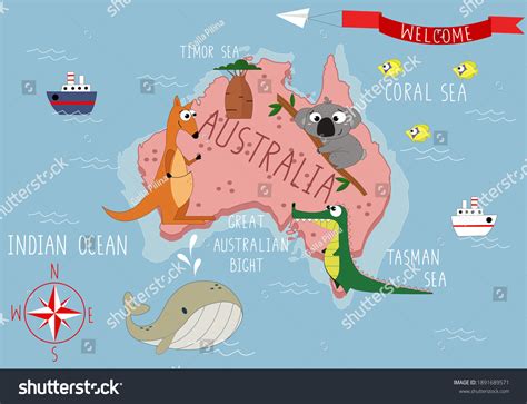 Australia Cartoon Map Children Poster Animals Stock Vector (Royalty Free) 1891689571