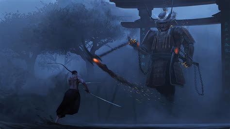 samurai, armor, katana, men, warrior, environment, Clash, artwork, digital art, painting ...