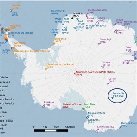 The map shows the main research stations in Antarctica. | Download ...