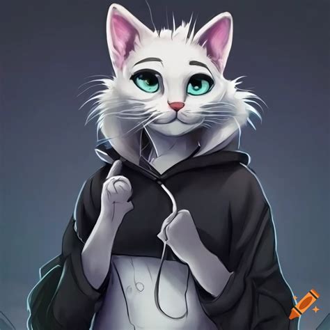 Detailed furry art of a white cat in a black hoodie