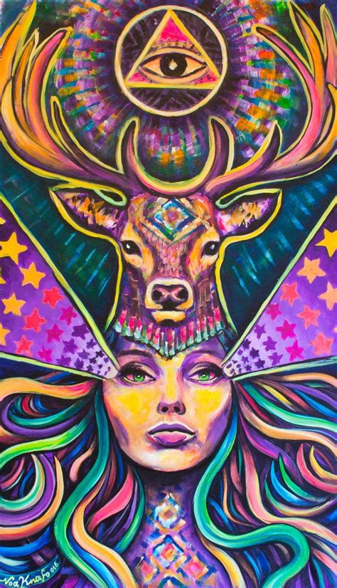 a painting of a woman with an all seeing eye on her head and deer's head