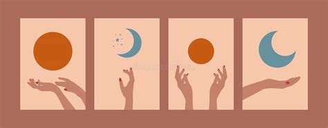 Boho Poster Set. Hands Holding Sun Moon Contemporary Minimalist ...