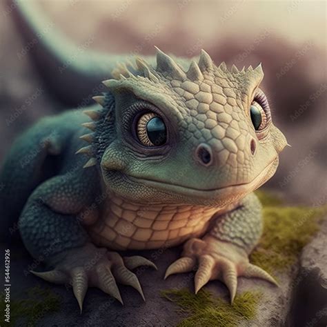 a cute adorable baby dragon lizard 3D Illustation stands in nature in ...