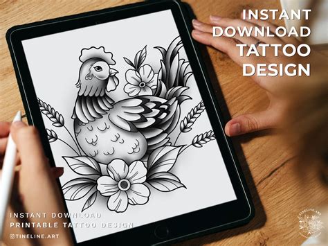 Tattoo Design Floral Rooster Chicken With Wheat Feminine,fineline Black ...