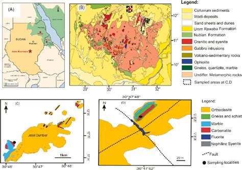 (A) Location of the Nuba Mountains, central Sudan, (B) Geological map... | Download Scientific ...