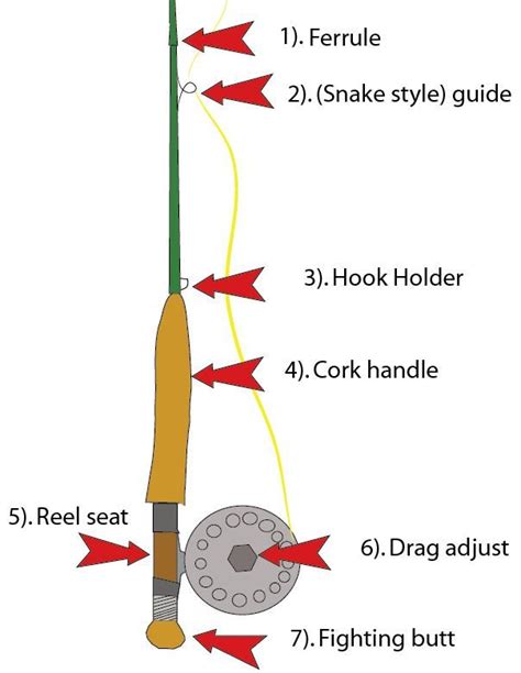 the fishing pole is labeled with arrows pointing to different types of rods and reels