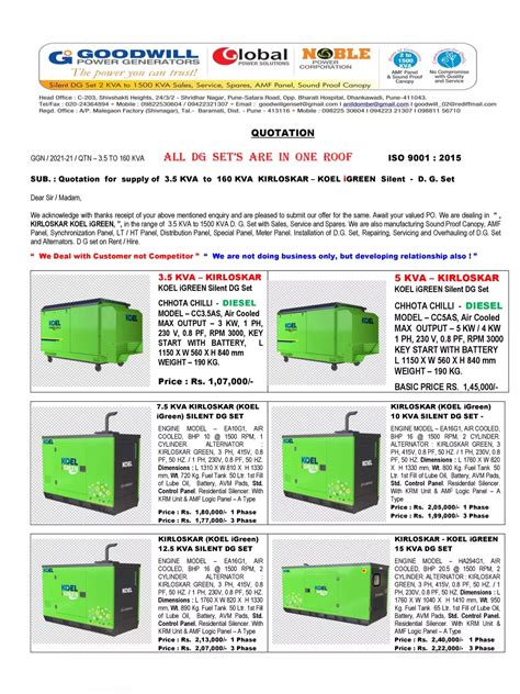 Kirloskar Generator Price List - 1PDF