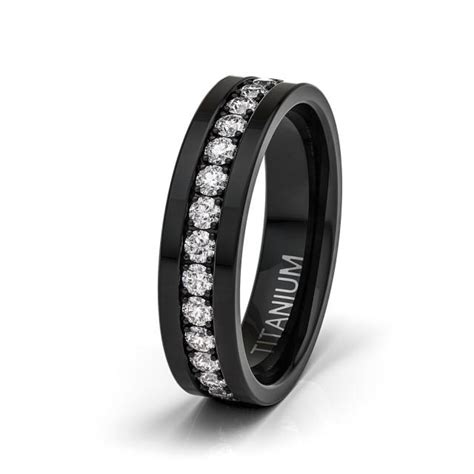 Mens Wedding Band 6mm Black Titanium Ring Fully Stacked CZ Diamonds ...