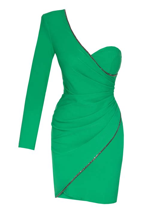 Green Crepe One Arm Mini Dress-965066-006 | Crape Dresses | KeiKei