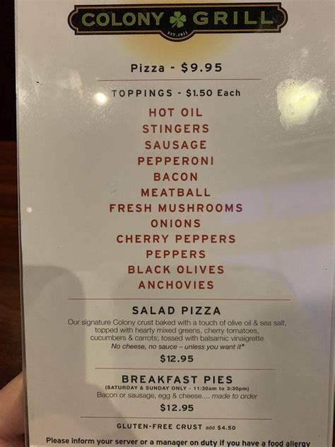 Menu at Colony Grill pizzeria, Port Chester