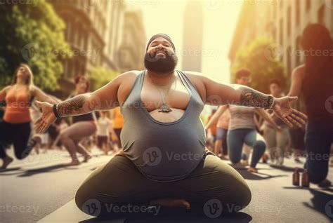 Fat people doing yoga on street. Generate ai 32611418 Stock Photo at Vecteezy