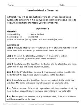 Physical and Chemical Changes Lab by Teacher Erica's Science Store