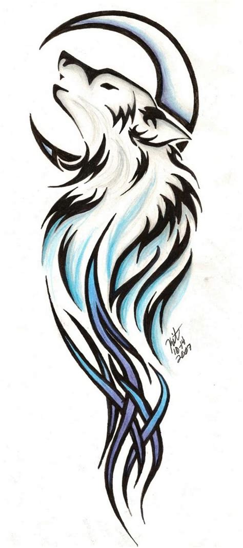 Moon And Tribal Wolf Tattoo Design