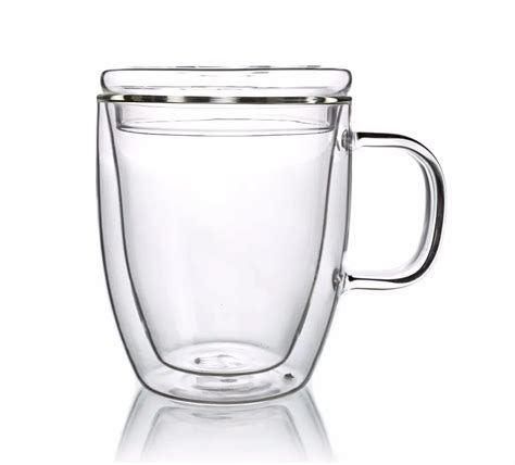 1 x 350ml Double Wall Heat Resistant Glass Tea Mug W/ Glass Lid Handle Handmade Clear ...