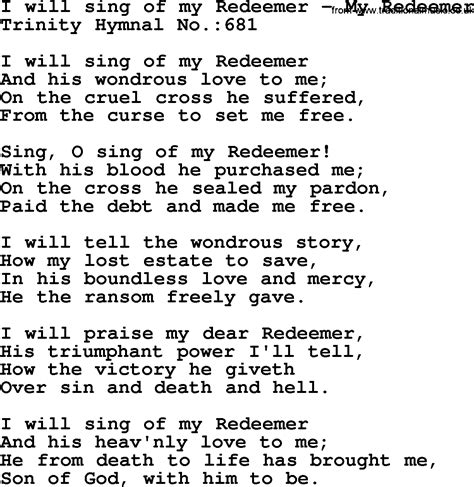 Trinity Hymnal Hymn: I Will Sing Of My Redeemer--My Redeemer - lyrics, midi and PDF