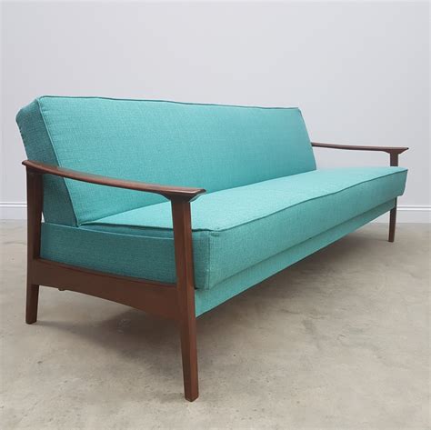 Mid Century Danish Light Turquoise 3 Seat Sofa Bed, 1960's | #133105